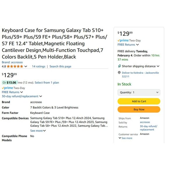 Black Keyboard Case for Samsung Galaxy Tab S7+/S7 FE/S8+/S9+/S9 FE+/S10+ 12.4" - Picture 8 of 8